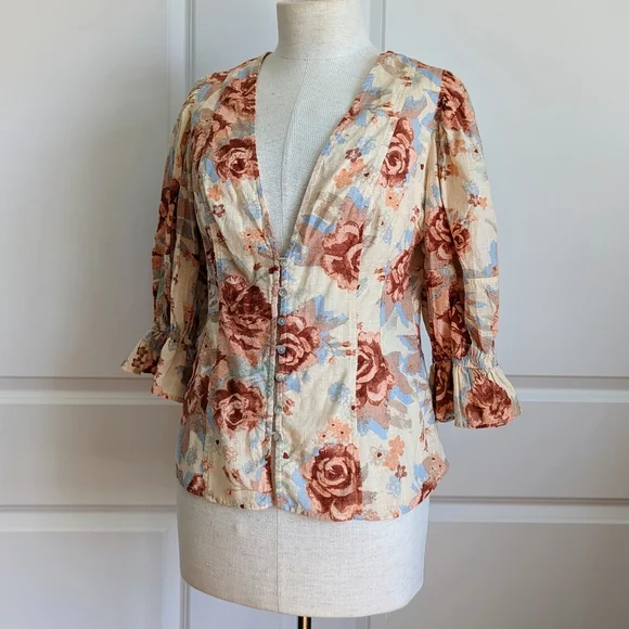 Free People Top Blouse Short Sleeve Deep V-Neck Floral Print Linen Ivory L NWT - Picture 11 of 16